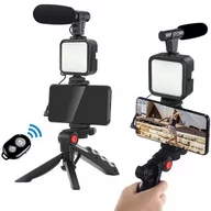Selfie stick - Zestaw Vlog Podcast YouTube lampa LED mikrofon uchwyt statyw pilot - miniaturka - grafika 1
