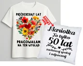 Gadżety dla niej i dla niego - Personalizowany zestaw prezentowy na 50 urodziny dla kobiety - KOSZULKA ORAZ poduszka z imieniem na 50 urodziny - miniaturka - grafika 1