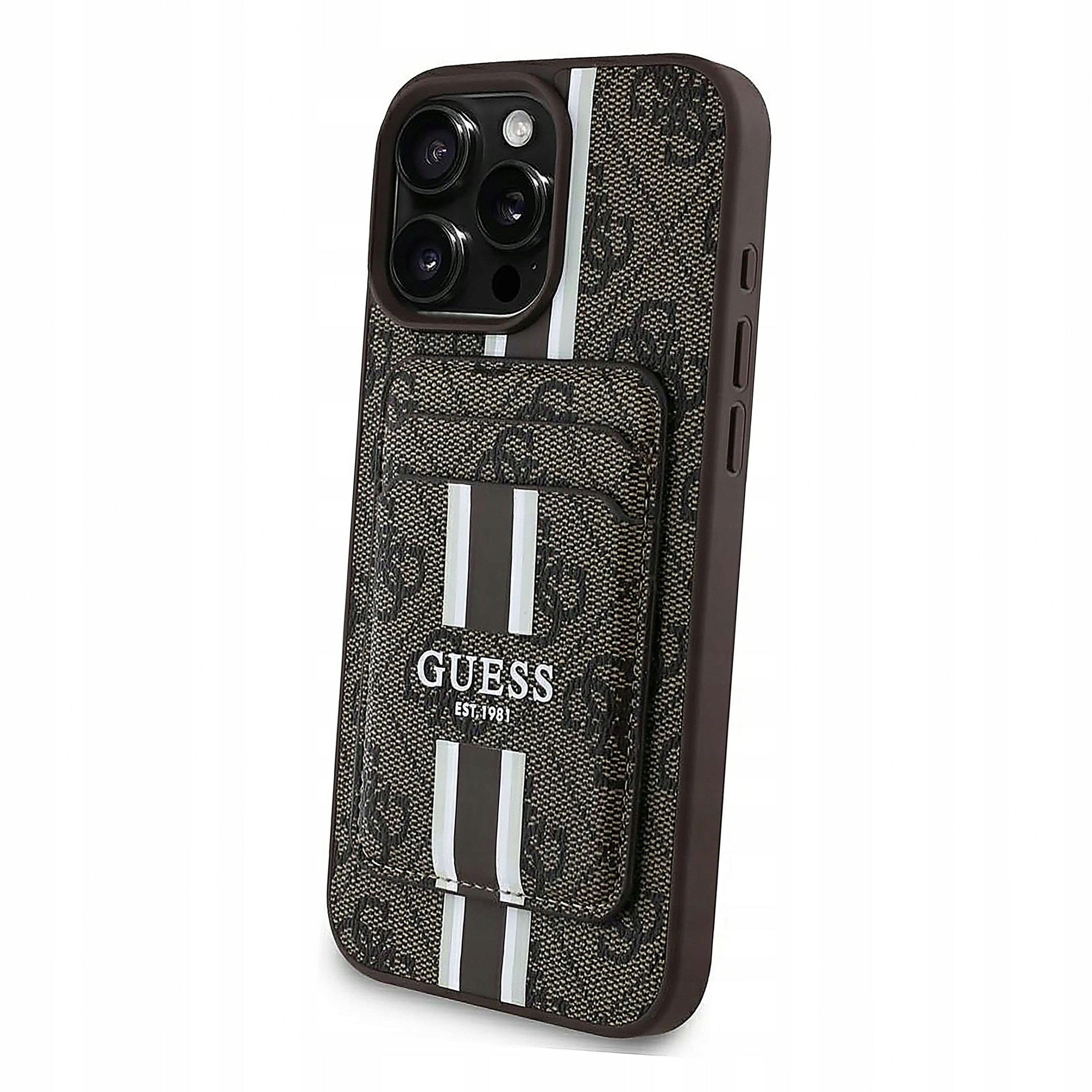 Etui Guess 4G Stripes z portfelem Magsafe do iPhone 16 Pro Max brązowy