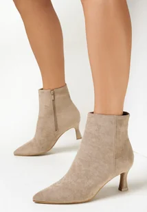 Ciemnobeżowe Botki na Niskim Obcasie ze Szpiczastym Noskiem Zatira - Botki damskie - miniaturka - grafika 1