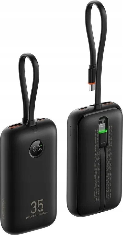 VEGER 10000 mAh z wbudowanymi kablami Typ C / Lightning PD QC3.0 35W K1 W1188 czarny