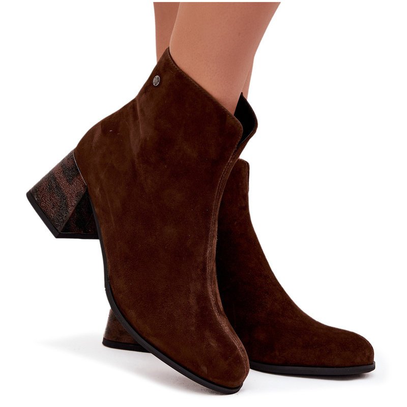 Skórzane Zamszowe Botki Damskie Na Słupku Maciejka K7202-02 Czekoladowe-38