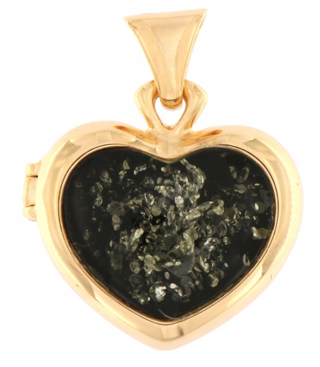 Zawieszka Bursztynowe Serce Puzderko Srebro 925 Pozłacane Zielony