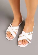 Klapki i japonki damskie - Białe Klapki z Przeplatanymi Paskami Zdobione Sprzączkami Derire - miniaturka - grafika 1