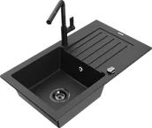 Zlewozmywaki z baterią - Mexen Pablo zlewozmywak granitowy 1-komorowy z ociekaczem i baterią kuchenną Flora, czarny/srebrny metalik - 6510-73-670401-70-B - miniaturka - grafika 1