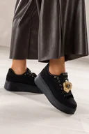 Półbuty damskie - Czarne sneakersy damskie buty sportowe na platformie przy sznurówce złoty kwiat z kryształkiem Casu O-376 - miniaturka - grafika 1