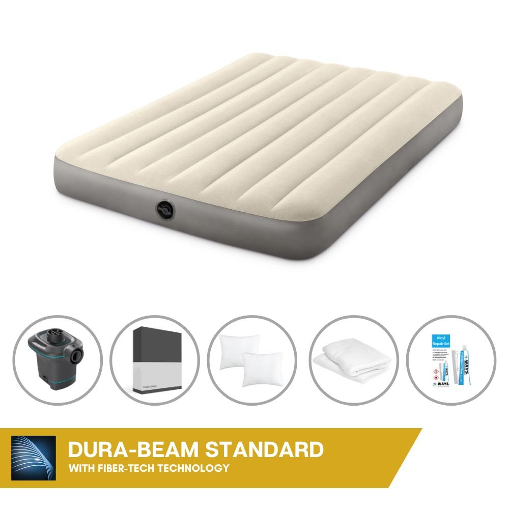 Łóżko dmuchane Intex - 2 osoby - 137 x 191 x 25 cm - beżowe + pompka elektryczna Intex - 650 litrów/min + prześcieradło czarne + poduszka + poszewki Molton 2 w 1 + zestaw naprawczy