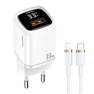 USAMS Ład. siec. 1xUSB-C+1xUSB T46 33W PD3.0 +QC3.0 Fast Charging +kabel U63 USB-C/Lightning biały/white UDTZ02 (USAMS-UD) - Ładowarki do telefonów - miniaturka - grafika 1