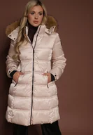 Kurtki damskie - Beżowa Pikowana Kurtka o Długim Fasonie z Odpinanym Kapturem z Futerkiem Fenalda - miniaturka - grafika 1