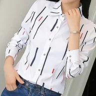 Koszule damskie - TEMU Bluzka Damska Elegancka z Długim Rękawem - Nieprześwitująca Koszula Biurowa i Formalna z Guzikami, Granatowa z Czerwonymi Paskami Poziomymi - - miniaturka - grafika 1