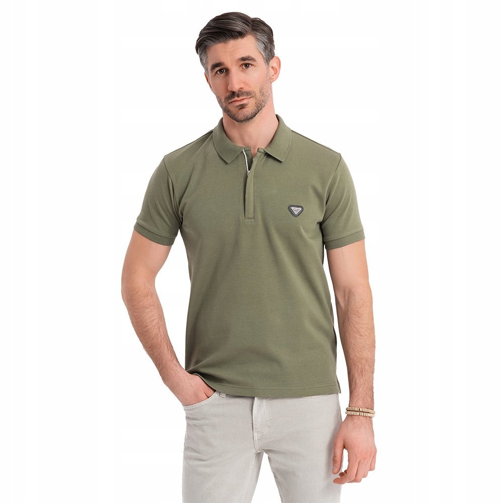Męska koszulka polo z dekoltem na zamek oliwkowa Ombre OM-POSS-0148 V5 XXL
