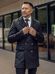 Czarny długi dwurzędowy płaszcz męski zimowy Denley 79B3A-073 - Płaszcze męskie - miniaturka - grafika 1