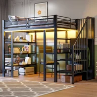 Łóżka dla dzieci i młodzieży - Łóżko piętrowe 90 x 200 cm z biurkiem i półkami - Metal + sklejka + MDF - Gniazdka elektryczne + diody LED - Czarne (materac nie jest wliczony w cenę) - miniaturka - grafika 1