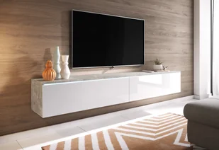 Minio, szafka RTV "DONNA", szafka pod telewizor, z oświetleniem LED, 180 cm, wisząca, stojąca, kolor beton / biały połysk - Szafki RTV - miniaturka - grafika 1