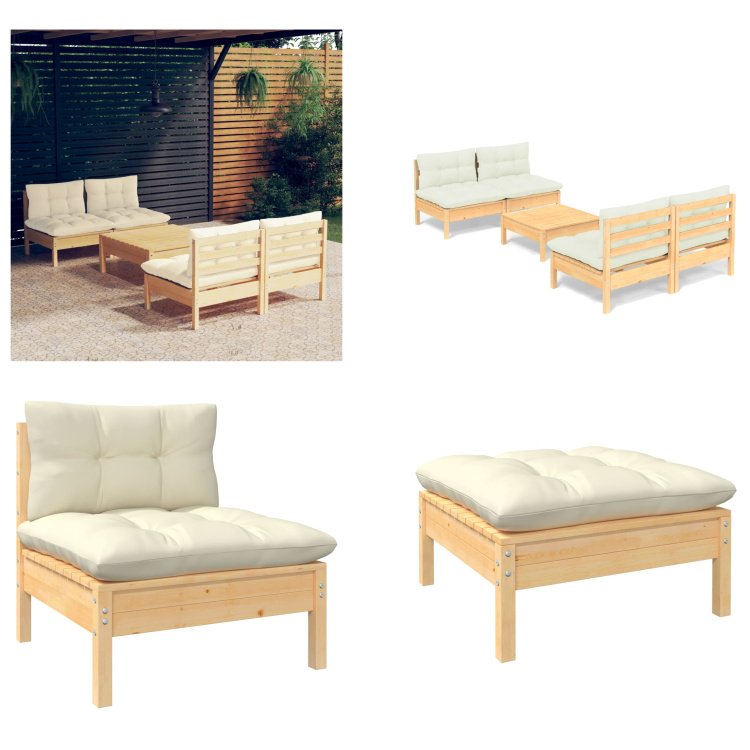 vidaXL 5-częściowy zestaw wypoczynkowy do ogrodu z kremowymi poduszkami drewno sosnowe - zestaw wypoczynkowy do ogrodu - zestawy wypoczynkowe do ogrodu - zestawy wypoczynkowe - zestawy wypoczynkowe