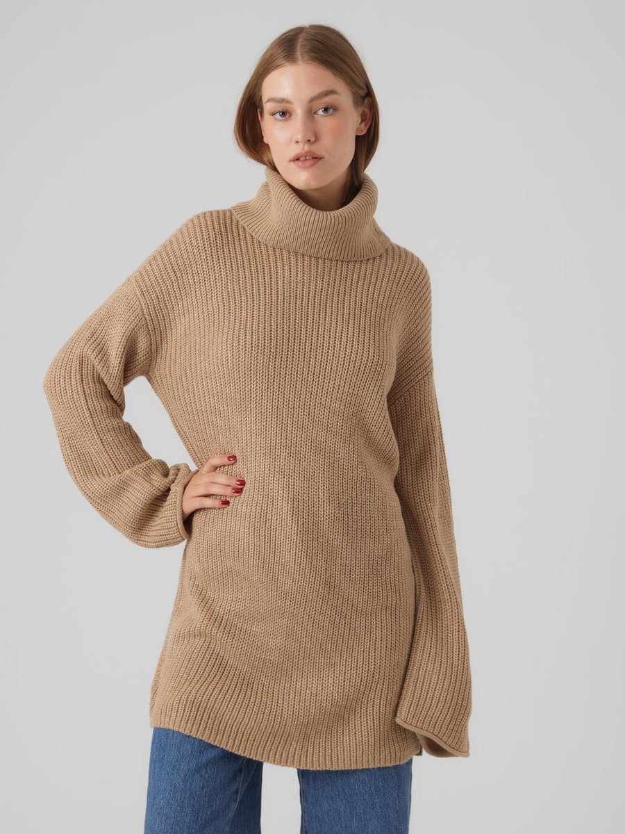 VERO MODA BEŻOWY SWETER Z GOLFEM I LUŹNYM FASONEM L 12FA