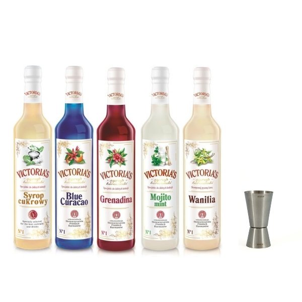Zestaw 5 syropów Blue Curacao, Grenadina, Cukrowy, Wanilia, Mojito Mint 490 ml z miarką 50 i 25 ml