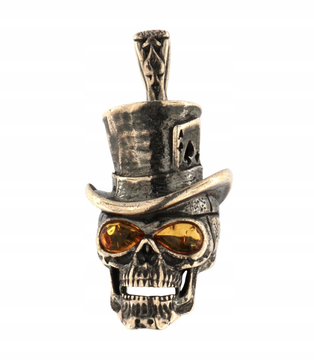 Srebrny Wisiorek 925 Z Bursztynem Zawieszka Męska Czaszka - Prezent Męski
