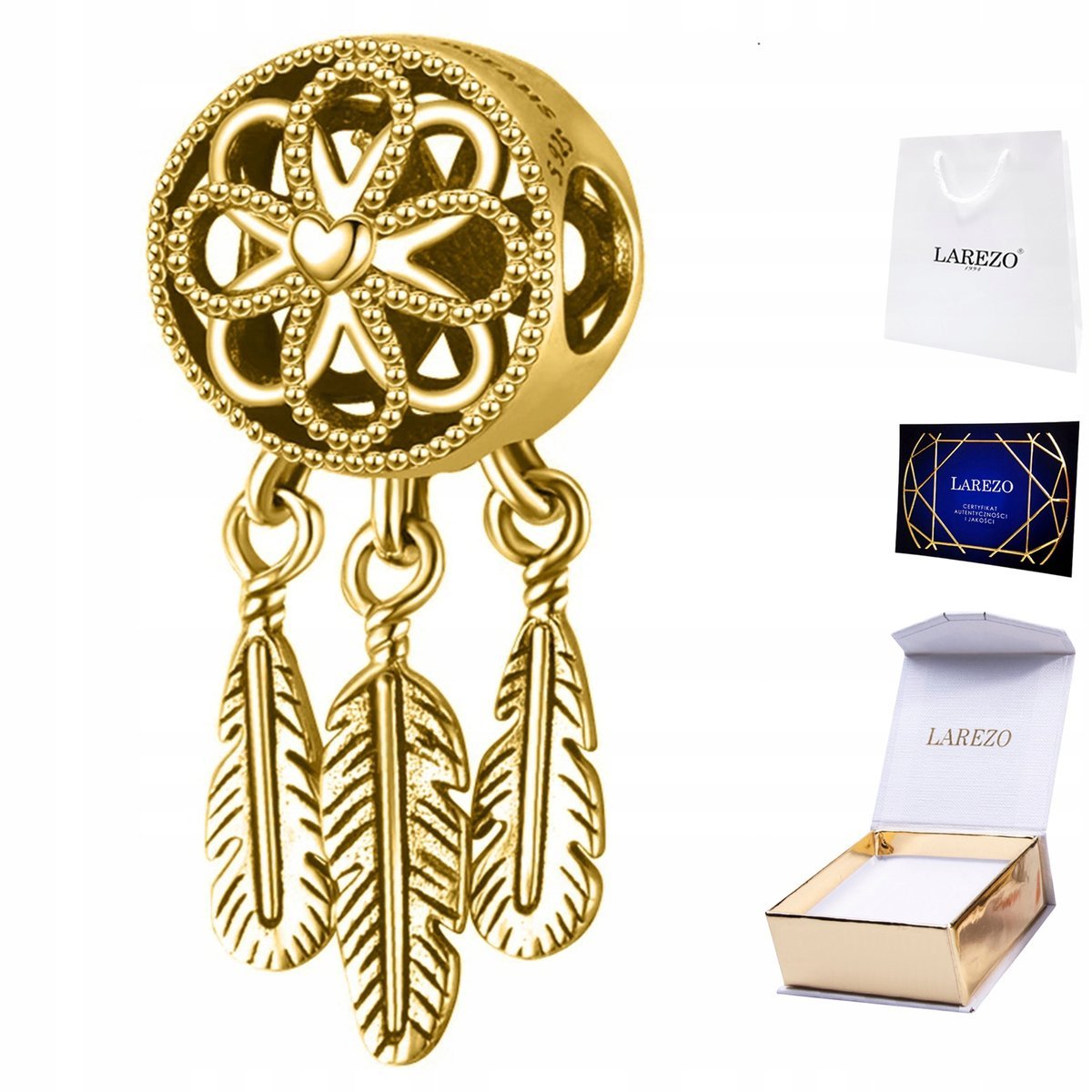 CHARMS ZŁOTY Łapacz Snów Okrągły z Piórkami Serce Piórka Pióra SREBRO 925