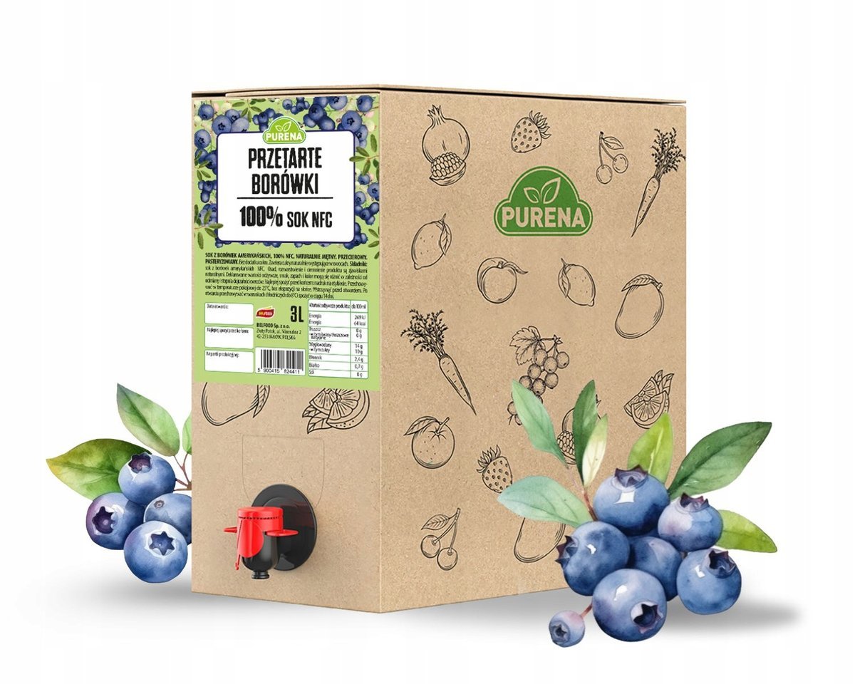 Przetarte borówki PUREE 100% bez dodatków do koktajli i smoothie PURENA 3 L