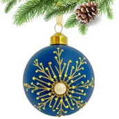 Bombki - SZKLANA BOMBKA MATOWA NIEBIESKA ZŁOTA ŚNIEŻYNKA Z PEREŁKĄ - miniaturka - grafika 1