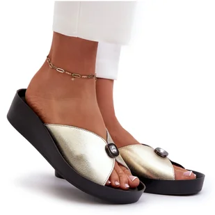 Skórzane Klapki Damskie Z Ozdobą Złote S.Barski KV27-027 złoty - Klapki i japonki damskie - miniaturka - grafika 1