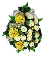 Sztuczne kwiaty - DUŻY WIENIEC NA POGRZEB KWIATY HORTENSJE RÓŻE + WŁASNY NAPIS NA SZARFIE - miniaturka - grafika 1