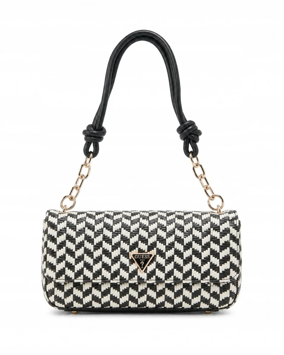 Guess Tessi Flap Shoulder damska torebka na ramię czarno biała pleciona