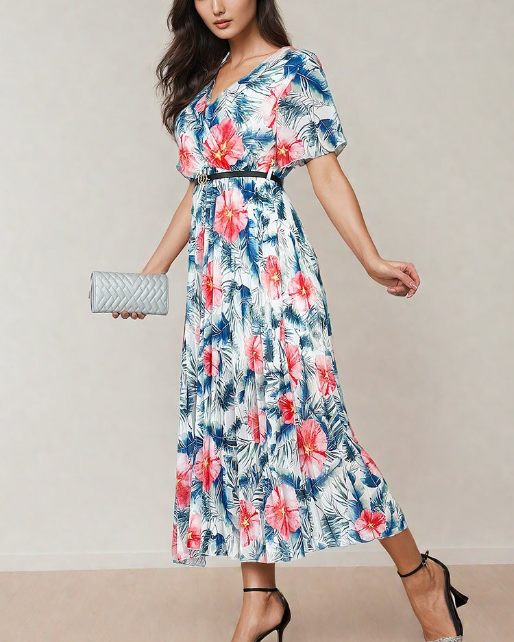 Royalfashion Damska plisowana sukienka midi w kwiaty-Uniwersalny