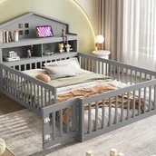 Łóżka dla dzieci i młodzieży - Drewniane łóżko dziecięce 140x200cm - z półkami i kratką ochronną - z listwową podstawą - Szare - miniaturka - grafika 1