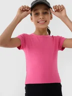 Koszulki i topy damskie - 4F T-shirt slim crop top gładki dziewczęcy 4FJWSS25TTSHF1852-54S Różowy Roz. 152 - miniaturka - grafika 1