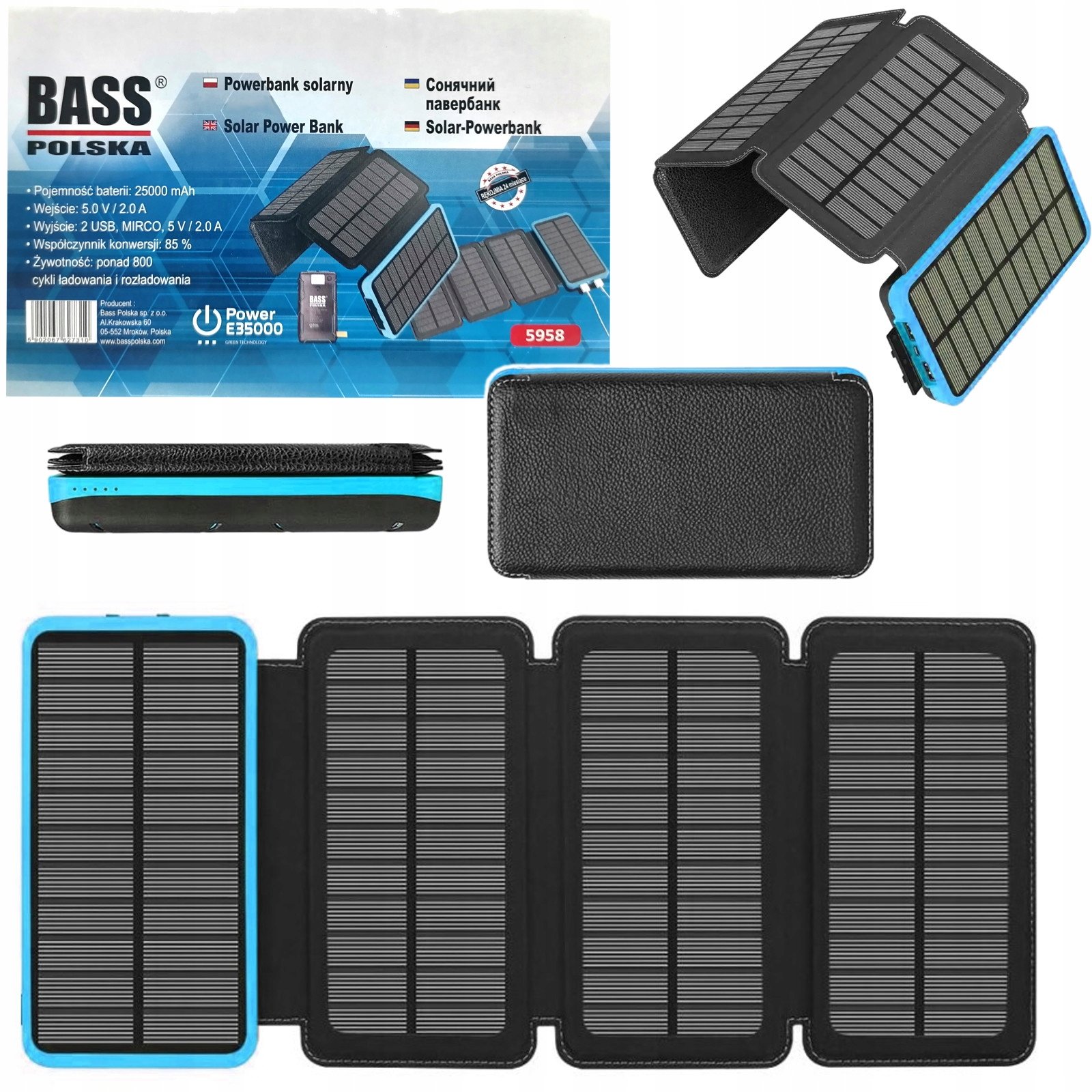 Powerbank Solarny Bateria Przenośna Ładowarka 25000mAh 4 Panele Latarka
