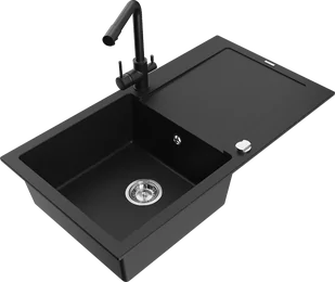 Mexen Leo zlewozmywak granitowy 1-komorowy z ociekaczem i baterią kuchenną Duero, czarny - 6501-77-671600-70 - Zlewozmywaki z baterią - miniaturka - grafika 1