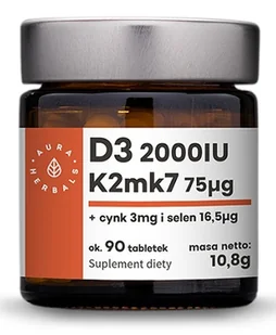 AURA HERBALS Witamina D3 (2000IU) + K2mk7 (75mcg) + Cynk + Selen - tabletki 10,8g (90 tabl.) 21AURWISDK - Witaminy i minerały - miniaturka - grafika 1