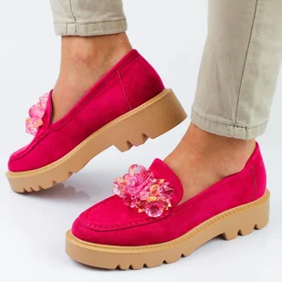 Fuksjowe zamszowe mokasyny damskie na platformie z kryształami Vinceza - Mokasyny damskie - miniaturka - grafika 1