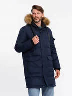 Kurtki męskie - Długa ciepła kurtka męska z kapturem parka granatowa V1 OM-JALJ-0182 XL - miniaturka - grafika 1