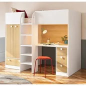 Łóżka dla dzieci i młodzieży - Łóżko antresola 90 x 190 cm z szafą i biurkiem - Biały i naturalny - CINAMO - miniaturka - grafika 1