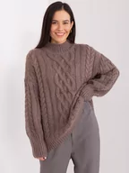 Swetry damskie - Sweter z warkoczami brązowy casual dekolt półgolf - miniaturka - grafika 1