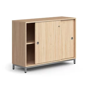 Zamykana szafa przesuwna QBUS, 1 półka, nóżki, uchwyty, 868x1200x400 mm, srebrny, dąb - Szafy biurowe - miniaturka - grafika 1