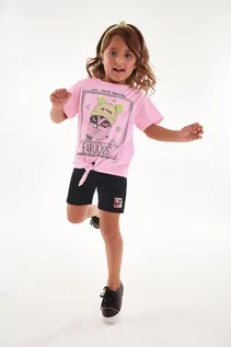 Dresy i komplety dla dziewczynek - Komplet dziewczęcy różowy t-shirt i spodenki z kotkiem - grafika 1