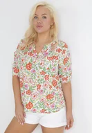 Bluzki damskie - Pomarańczowa Bluzka z Wiskozy w Kwiaty i Rękawem 3/4 Thaleta - miniaturka - grafika 1