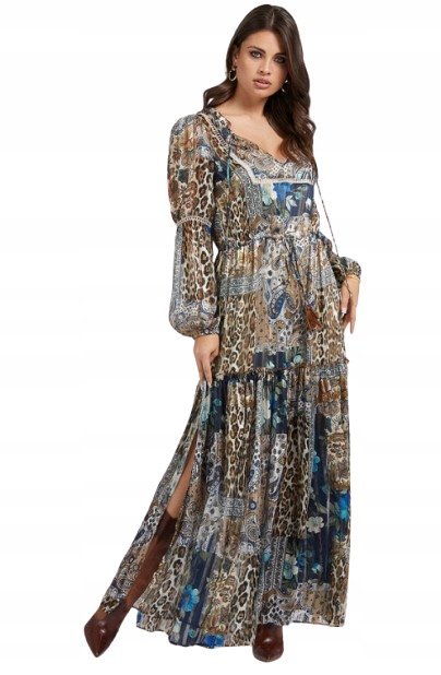 GUESS DŁUGA SUKNIA BOHO Z NADRUKIEM I DEKOLTEM KOPERTOWYM M GXB