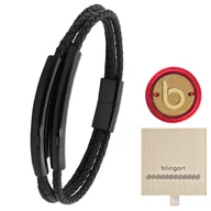 Bransolety męskie - Bransoletka męska skórzana czarna plecionka stal chirurgiczna BLINGART - miniaturka - grafika 1