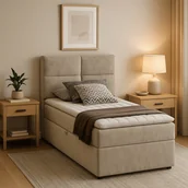 Łóżka - Łóżko Kontynentalne Tapicerowane RIVIA 90x200 z Pojemnikiem Beżowe - miniaturka - grafika 1
