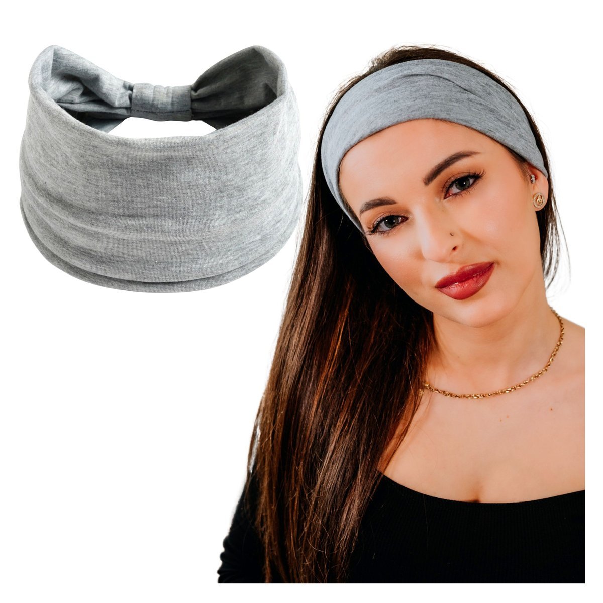 Opaska do Włosów Szara Turban na Głowę Szeroka Elastyczna MIŁA W DOTYKU