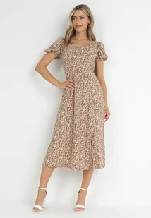 Beżowo-Zielona Sukienka Midi z Gumką w Pasie i Rozcięciem Kaylanii - Sukienki - miniaturka - grafika 1