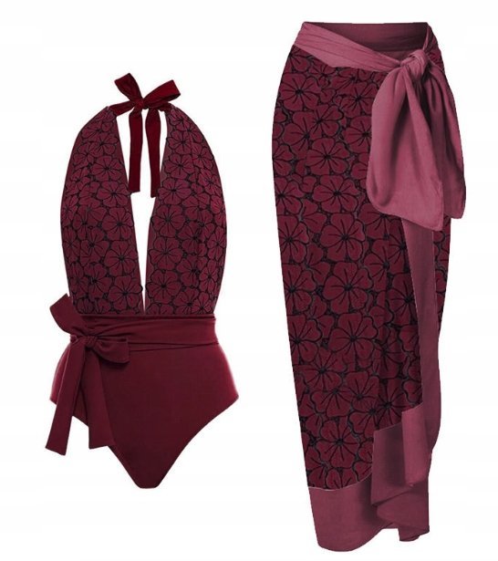 Jednoczęściowy Strój Kąpielowy Kwiaty Szyfonowa Spódnica Bordowy S