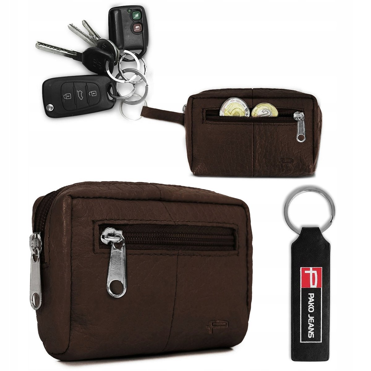 Małe ETUI SKÓRZANE Na Klucze Monety Karty Na Suwak CIEMNY BRĄZ Pako Jeans