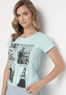 Koszulki i topy damskie - Miętowy Bawełniany T-shirt z Nadrukiem i Brokatem Kruita - Born2be - miniaturka - grafika 1