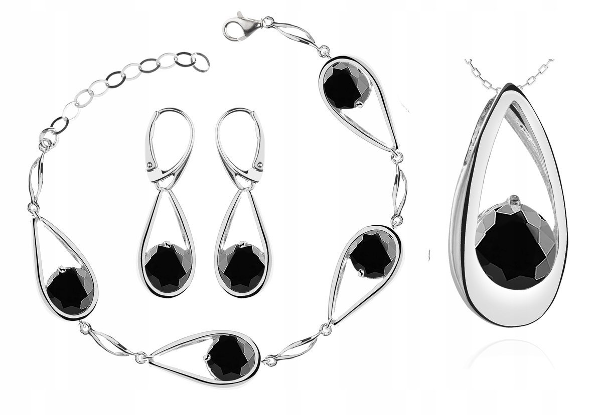 Komplet Biżuterii Łezki Z Czarnymi Cyrkoniami 925